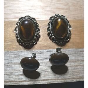 Pair of 2 Vtg Chunky Oval Cabochon Clip-On & Round Screw Back‎ Earrings Jewelry